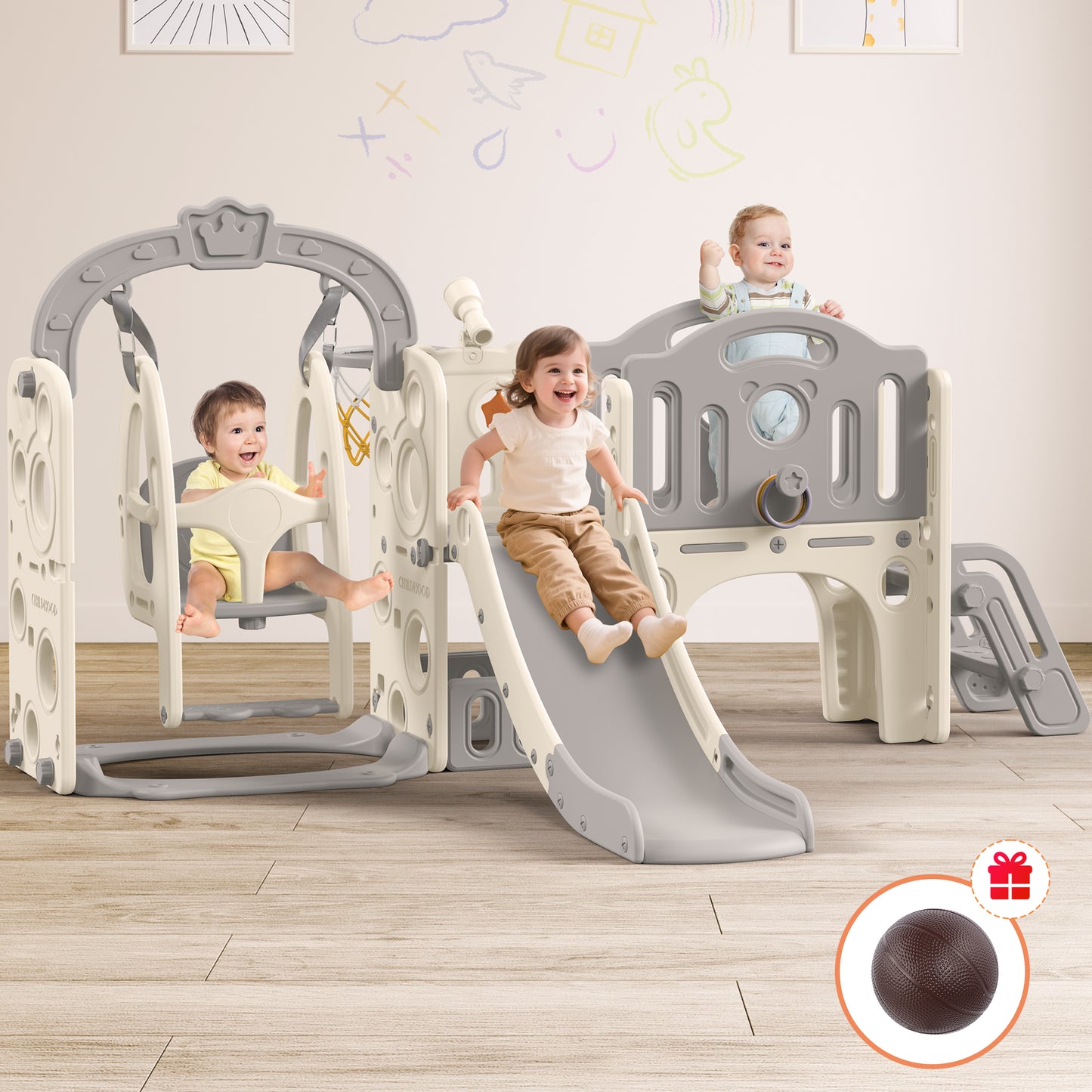 Aikidkit 10-in-1 Toddler Slide Playground for Kids, Indoor Toddler Playset with Slide, Swing, Stairs, Tunnel, Ring Toss, Toy Storage, Basketball, Telescope for Kids Age 6-36 Months, Grey & Beige