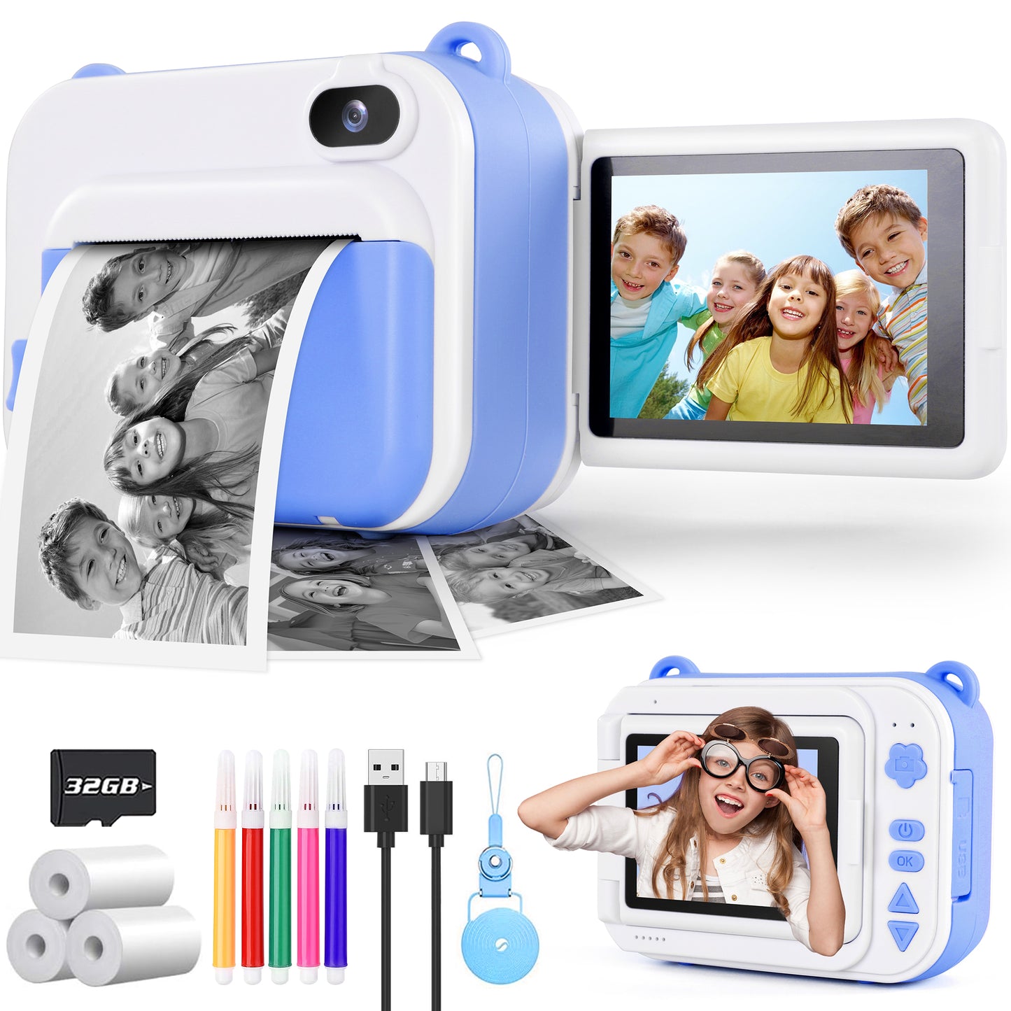Aikidkit Kids Camera Instant Print with 2.4in Flip Screen and 32GB SD Card, Toy Camera for Girls Boys 3-12 Years Best Birthday Gifts