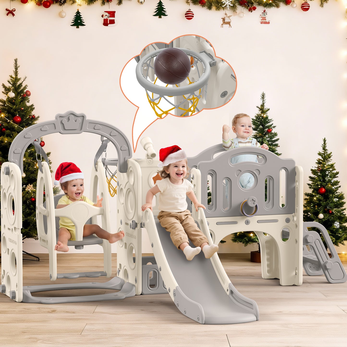 Aikidkit 10-in-1 Toddler Slide PlaySet for kids indoor/outdoor for Toddlers Aged 6-36 Months, Grey & Beige