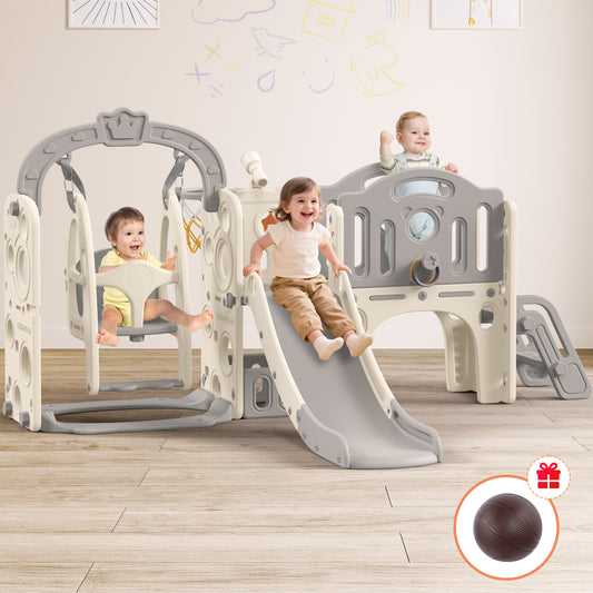 Aikidkit 10-in-1 Toddler Slide Playground for Kids, Indoor Toddler Playset with Slide, Swing, Stairs, Tunnel, Ring Toss, Toy Storage, Basketball, Telescope for Kids Age 6-36 Months, Grey & Beige
