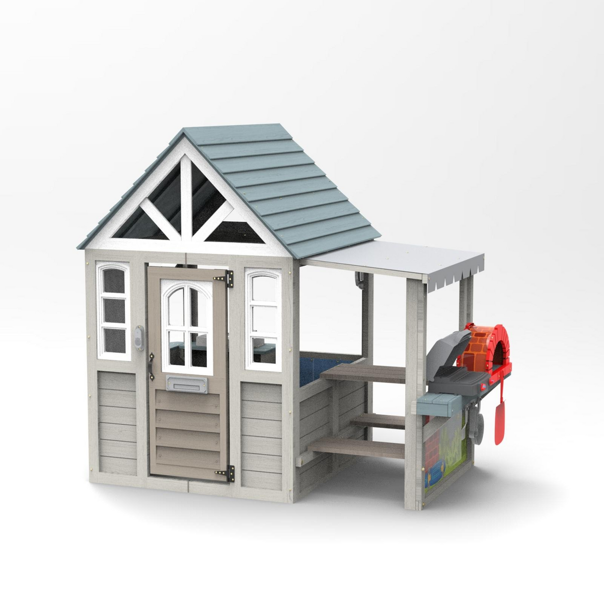 Aikidkit Kids Wooden Playhouse Outdoor, Backyard Playhouse for Kids with Pretend Kitchen, BBQ Grill, Sink, Door, Windows, Awning and Play Counter, Outdoor Play House for Garden, Patio, Yard, Gray