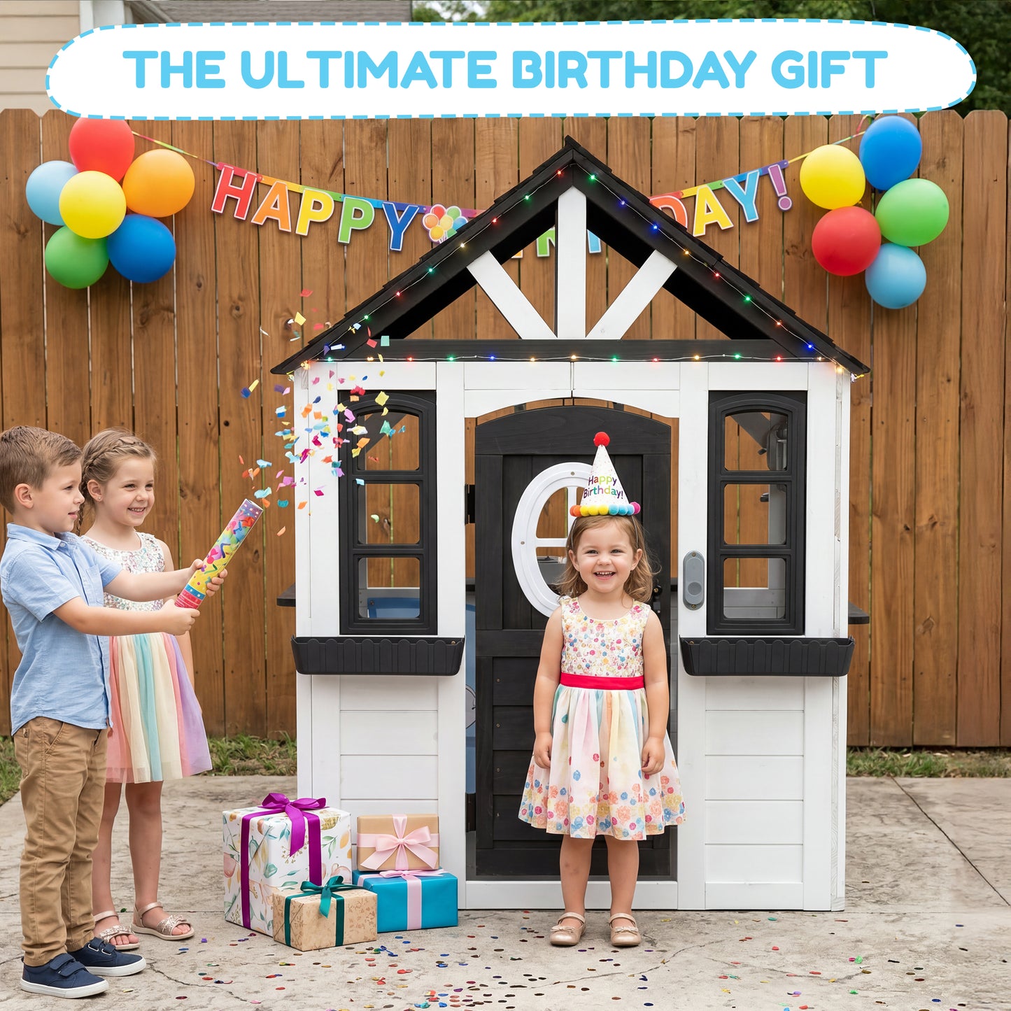 AiKidKit Kids Outdoor Playhouse, Wooden Playhouse with Play Kitchen, Working Doorbell, Bird Cage, Pet Door, Backyard Casa de CampañA Para NiñOs Country Style, Black & White