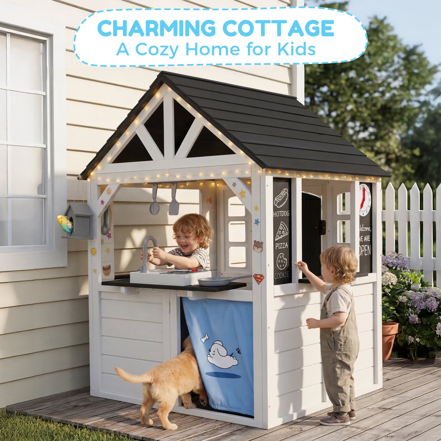 AiKidKit Kids Outdoor Playhouse, Wooden Playhouse with Play Kitchen, Working Doorbell, Bird Cage, Pet Door, Backyard Casa de CampañA Para NiñOs Country Style, Black & White