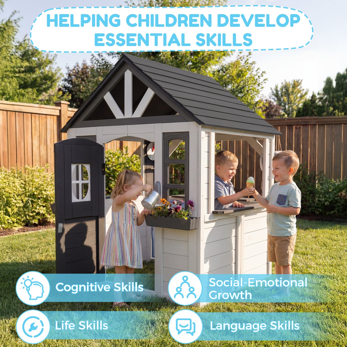 AiKidKit Kids Outdoor Playhouse, Wooden Playhouse with Play Kitchen, Working Doorbell, Bird Cage, Pet Door, Backyard Casa de CampañA Para NiñOs Country Style, Black & White