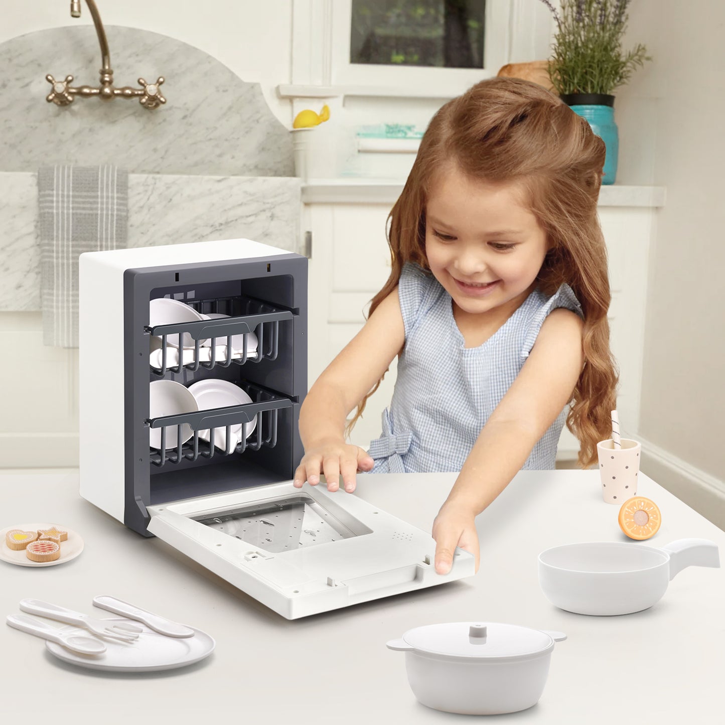 Sqnox Kids First Dishwasher Toys for Toddler Ages 2+ Birthday Gifts, Pretend Play Appliance with 6 Kitchen Accessories