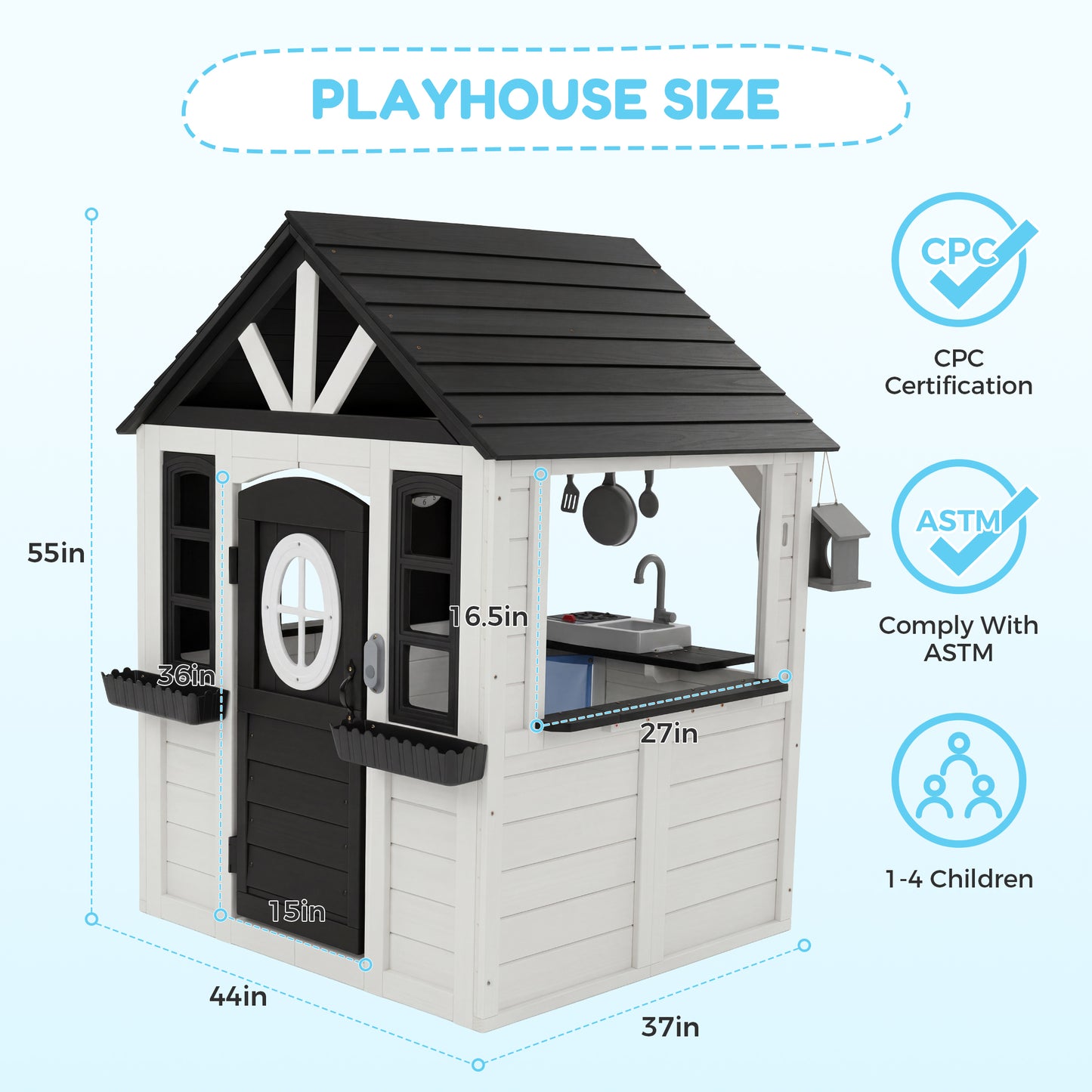 AiKidKit Kids Outdoor Playhouse, Wooden Playhouse with Play Kitchen, Working Doorbell, Bird Cage, Pet Door, Backyard Casa de CampañA Para NiñOs Country Style, Black & White