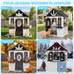 AiKidKit Kids Outdoor Playhouse, Wooden Playhouse with Play Kitchen, Working Doorbell, Bird Cage, Pet Door, Backyard Casa de CampañA Para NiñOs Country Style, Black & White