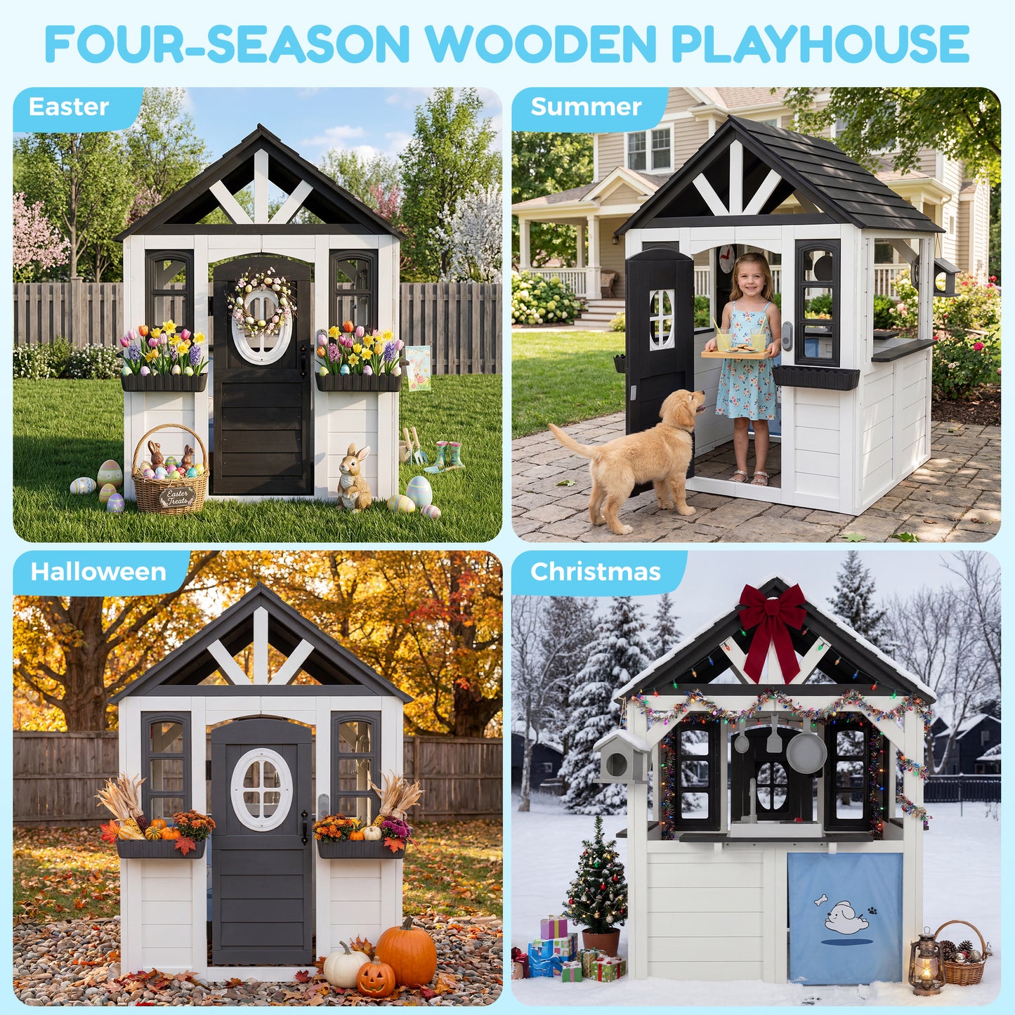 AiKidKit Kids Outdoor Playhouse, Wooden Playhouse with Play Kitchen, Working Doorbell, Bird Cage, Pet Door, Backyard Casa de CampañA Para NiñOs Country Style, Black & White