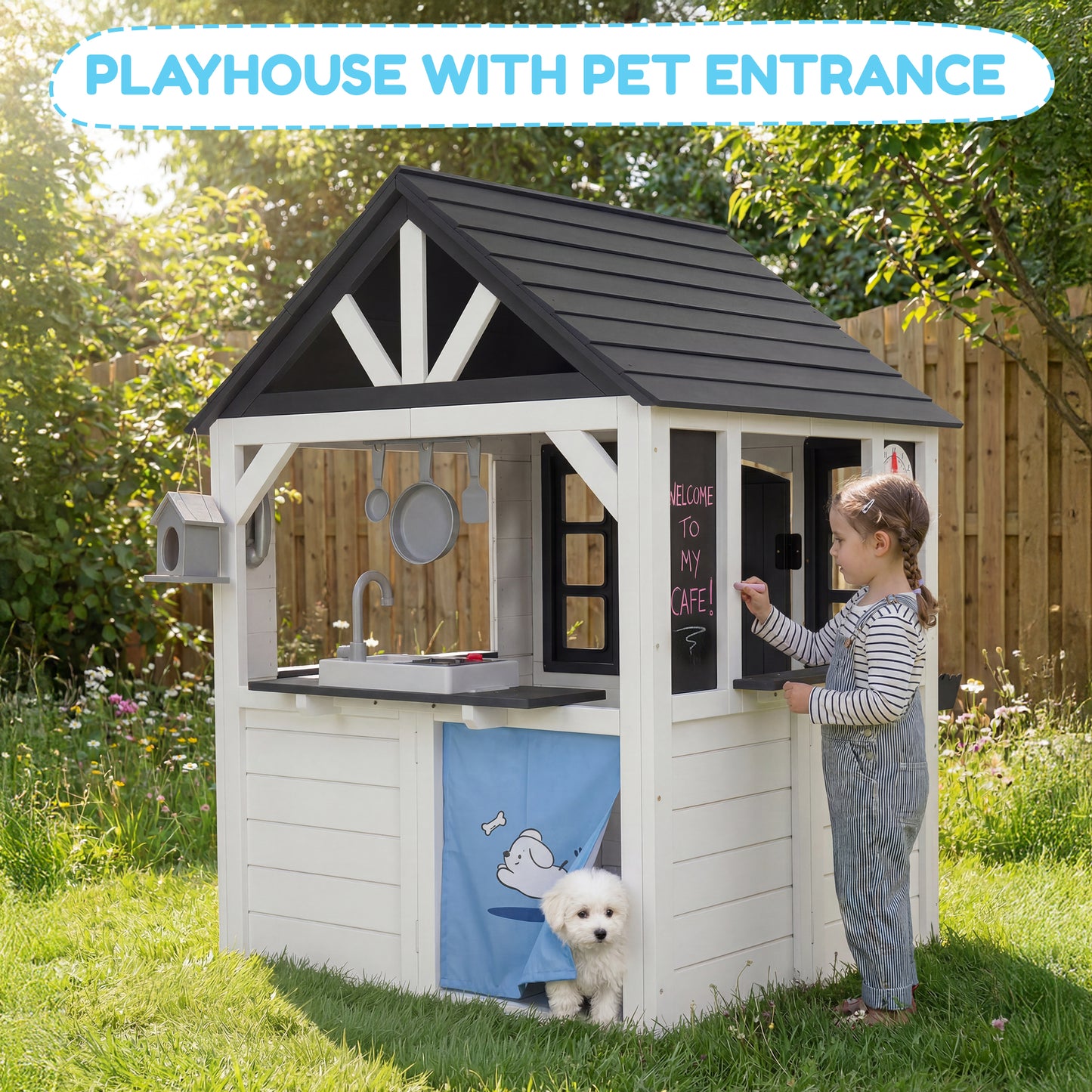 AiKidKit Kids Outdoor Playhouse, Wooden Playhouse with Play Kitchen, Working Doorbell, Bird Cage, Pet Door, Backyard Casa de CampañA Para NiñOs Country Style, Black & White