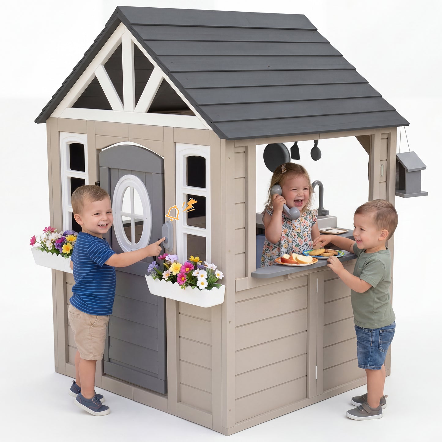 AiKidKit Kids Outdoor Playhouse, Wooden Playhouse with Play Kitchen, Working Doorbell, Bird Cage, Pet Door, Backyard Casa de CampañA Para NiñOs Country Style, Gray & Beige
