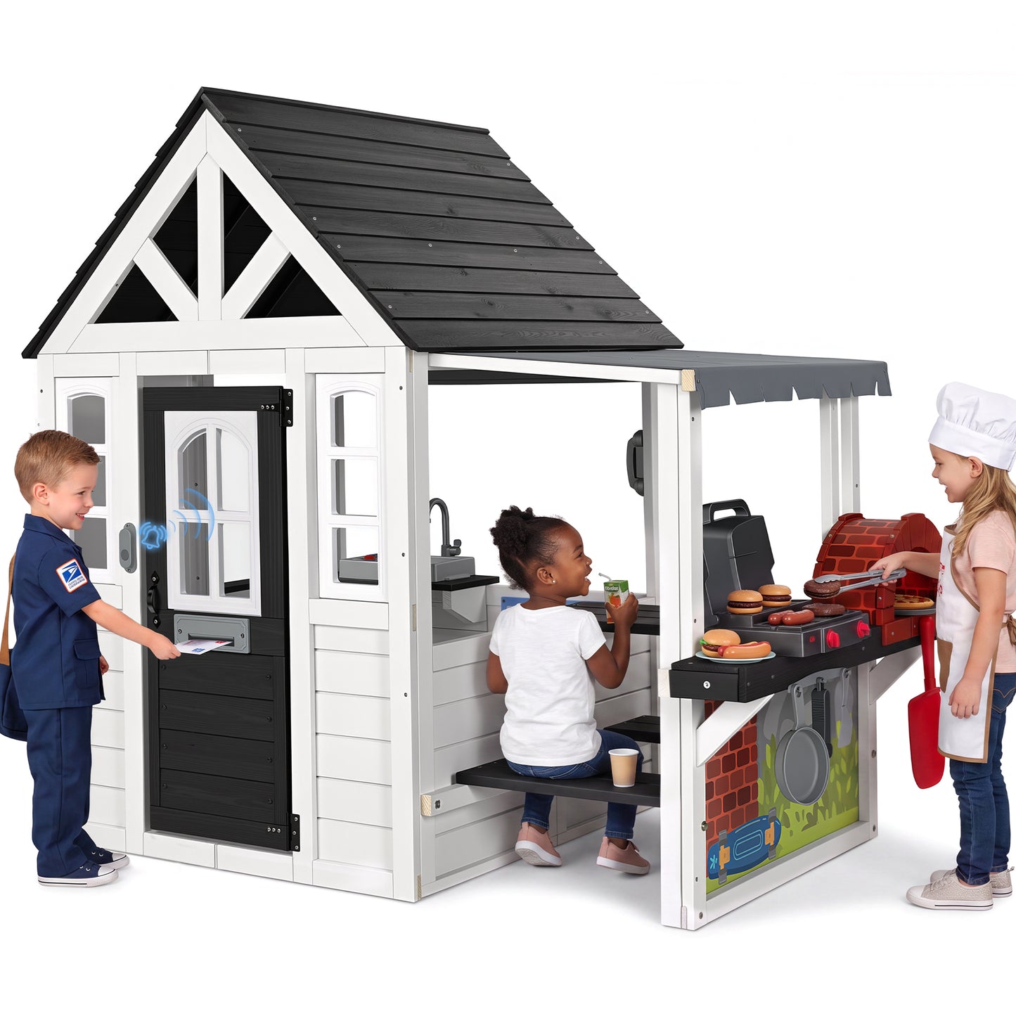 Aikidkit Outdoor Playhouse with BBQ Grill, Pizza Oven & Cooking Set, Wooden Pretend Playhouse for Kids Ages 3-8, Backyard Outdoor Kids Play Equipment, Casa Para Niñas (68”L x 63”H), White & Black