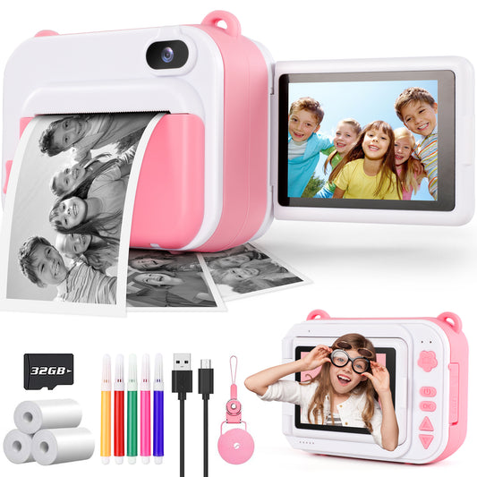 Aikidkit Kids Camera Instant Print with 2.4in Flip Screen and 32GB SD Card, Toy Camera for Girls Boys 3-12 Years Best Birthday Gifts