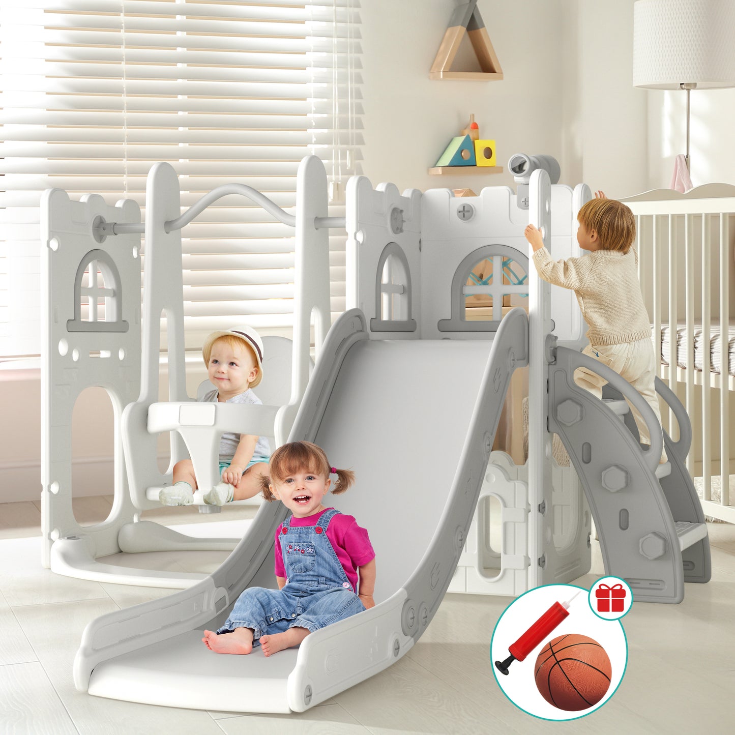 Aikidkit Toddler Slide and Swing Set, Indoor Outdoor 6 in 1 Kids Slide for Toddlers Age 6-36 Months, Toddler Playset Toddler Playground with Climber, Basketball Hoop and Telescope