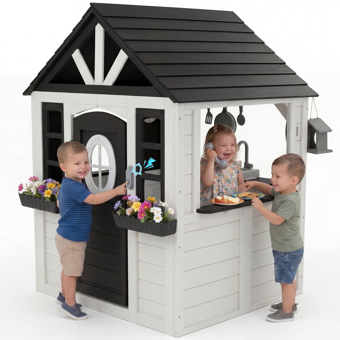 AiKidKit Kids Outdoor Playhouse, Wooden Playhouse with Play Kitchen, Working Doorbell, Bird Cage, Pet Door, Backyard Casa de CampañA Para NiñOs Country Style, Black & White