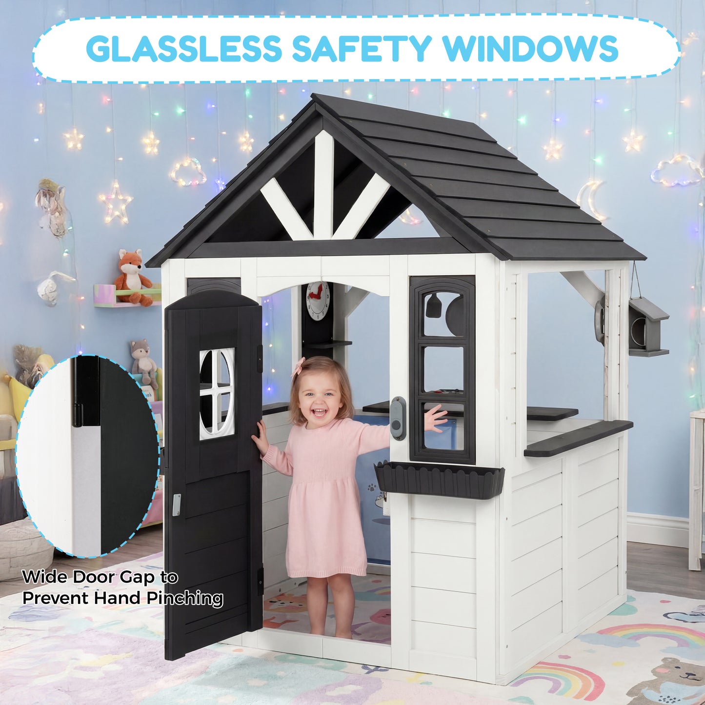 AiKidKit Kids Outdoor Playhouse, Wooden Playhouse with Play Kitchen, Working Doorbell, Bird Cage, Pet Door, Backyard Casa de CampañA Para NiñOs Country Style, Black & White