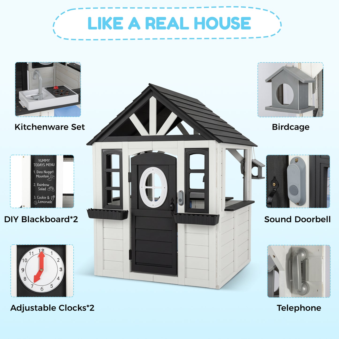 AiKidKit Kids Outdoor Playhouse, Wooden Playhouse with Play Kitchen, Working Doorbell, Bird Cage, Pet Door, Backyard Casa de CampañA Para NiñOs Country Style, Black & White