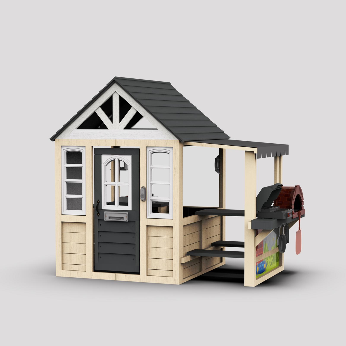 Aikidkit Kids Wooden Playhouse Outdoor, Backyard Playhouse for Kids with Pretend Kitchen, BBQ Grill, Sink, Door, Windows, Awning and Play Counter, Outdoor Play House for Garden, Patio, Yard, Ivory