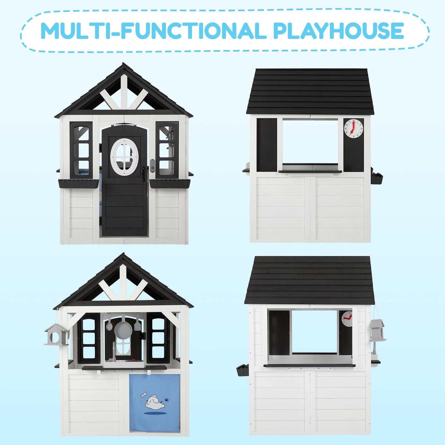 AiKidKit Kids Outdoor Playhouse, Wooden Playhouse with Play Kitchen, Working Doorbell, Bird Cage, Pet Door, Backyard Casa de CampañA Para NiñOs Country Style, Black & White