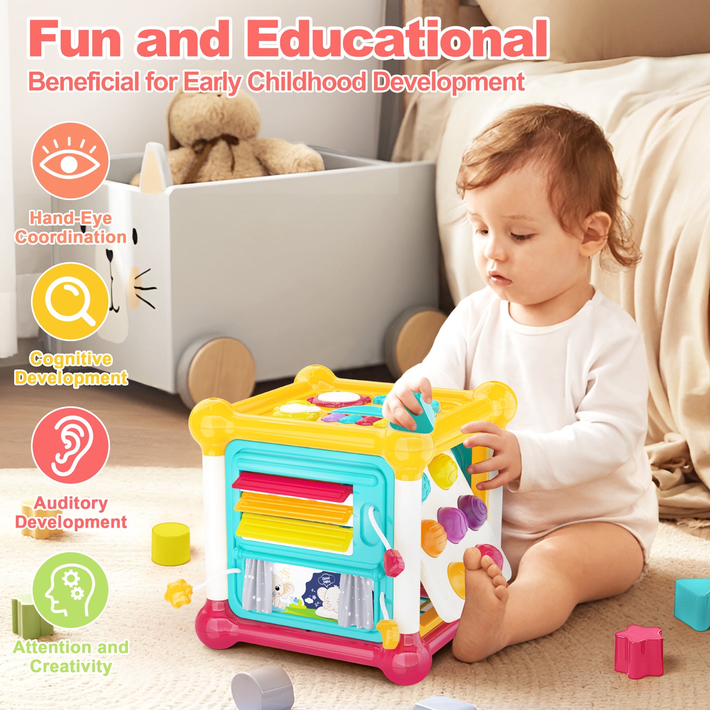 Aikidkit 6-in-1 Baby Activity Cube with Music, Montessori Learning Toys for Toddlers Kids 10-36 Months, for Birthday Christmas Baby Shower Gifts, Colorful