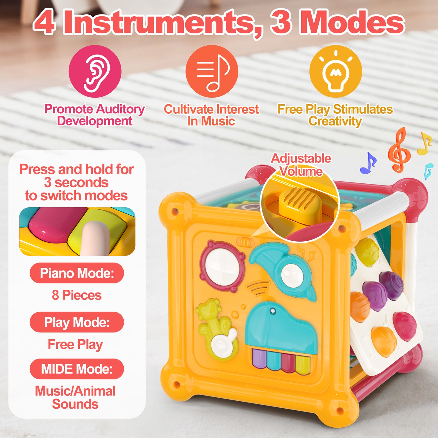 Aikidkit 6-in-1 Baby Activity Cube with Music, Montessori Learning Toys for Toddlers Kids 10-36 Months, for Birthday Christmas Baby Shower Gifts, Colorful