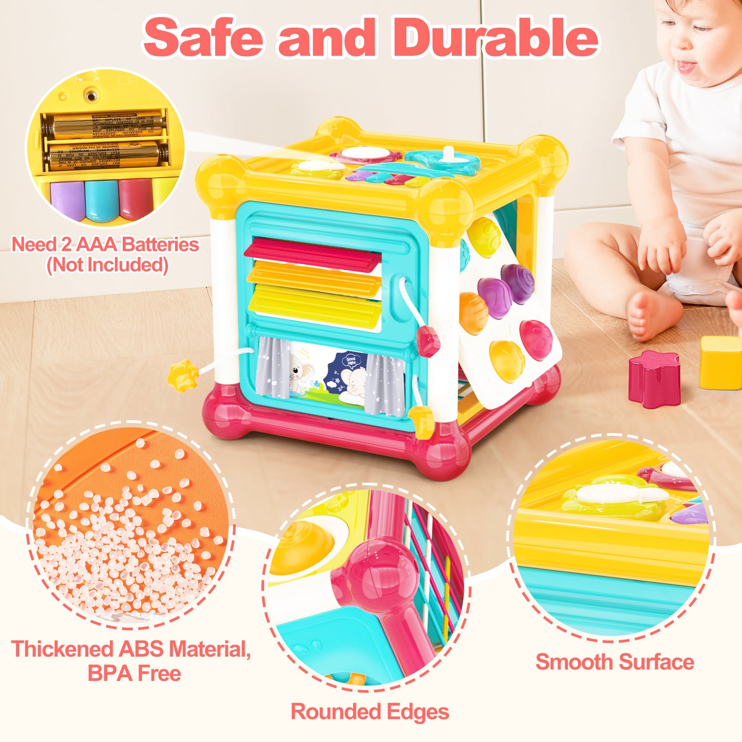 Aikidkit 6-in-1 Baby Activity Cube with Music, Montessori Learning Toys for Toddlers Kids 10-36 Months, for Birthday Christmas Baby Shower Gifts, Colorful