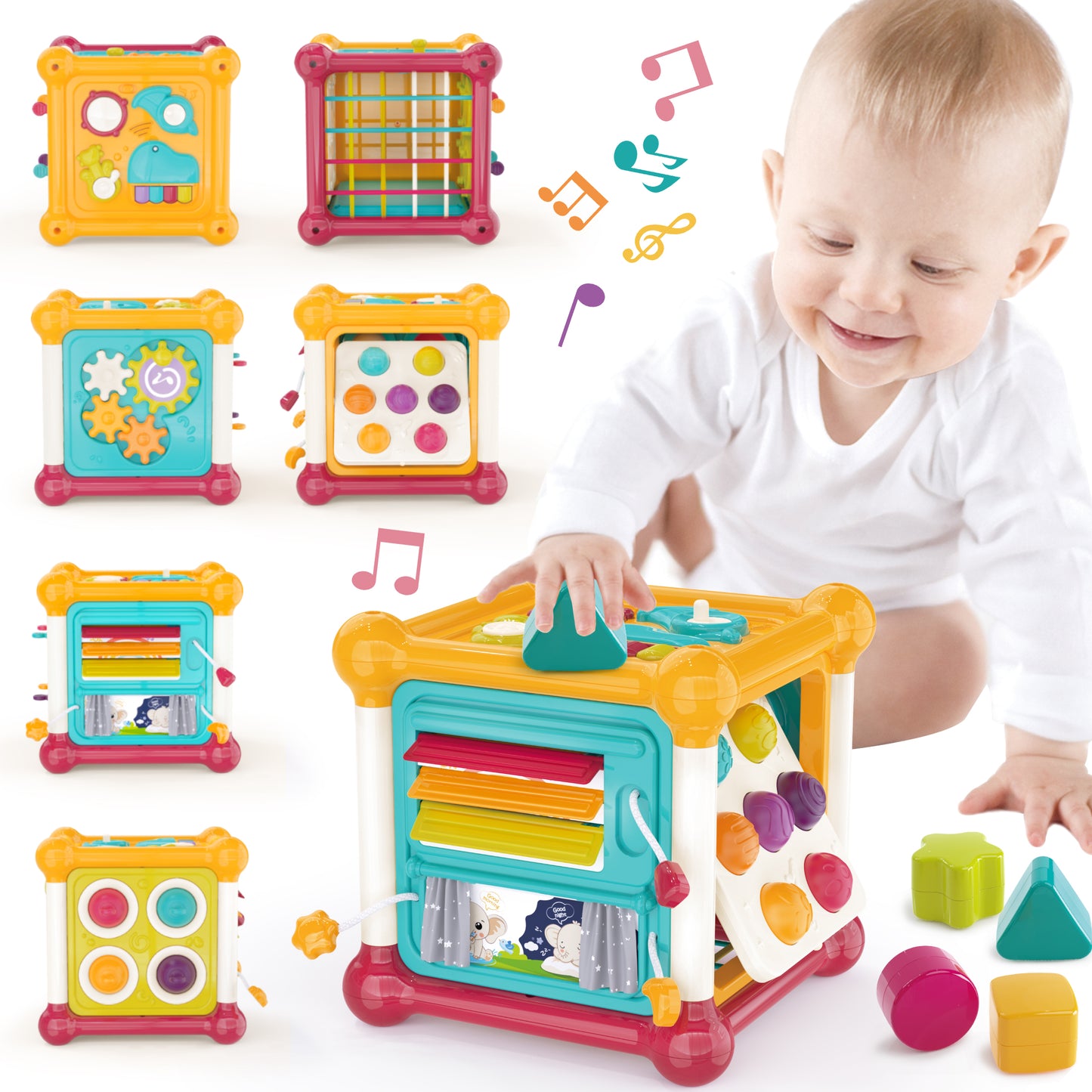 Aikidkit 6-in-1 Baby Activity Cube with Music, Montessori Learning Toys for Toddlers Kids 10-36 Months, for Birthday Christmas Baby Shower Gifts, Colorful